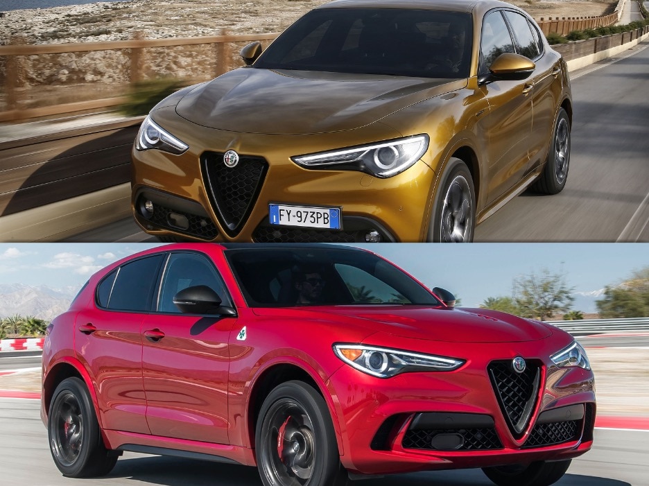 comparaison entre l'Alfa Romeo Stelvio 2020 jaune et Stelvio Quadrifoglio 2020 rouge, les 2 véhicules conduisant sur l'autoroute
