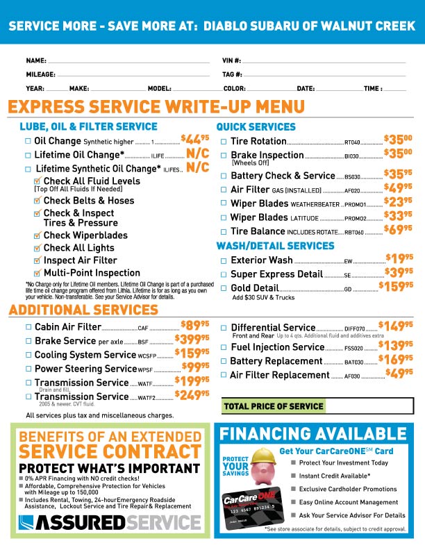auto repair menu pricing
