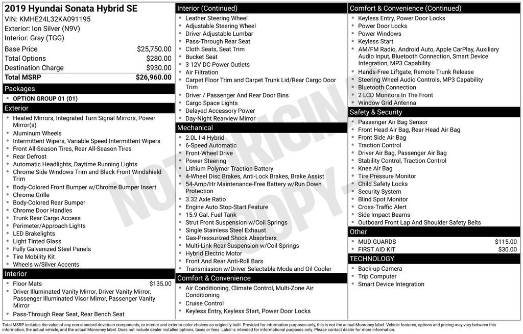 Used 2019 Hyundai Sonata Hybrid SE Sedan