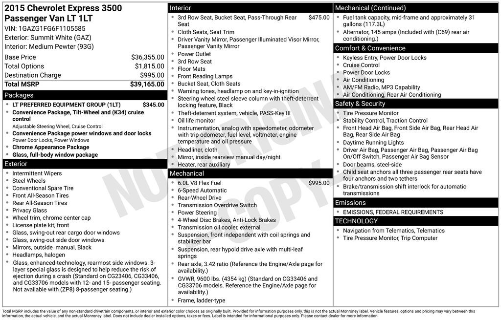 Used 2015 Chevrolet Express 3500 LT w/1LT Van Extended Passenger Van