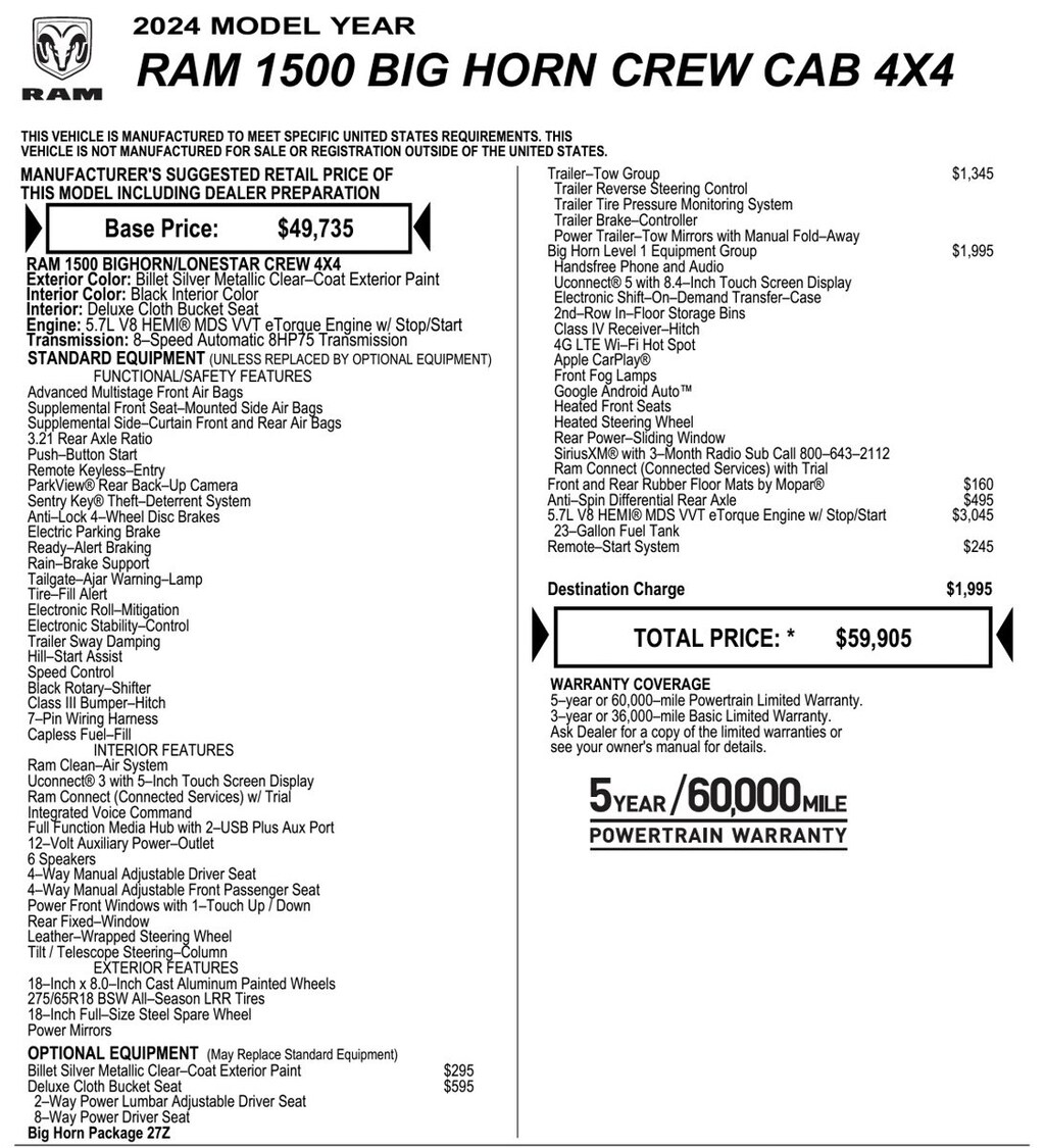 New 2024 Ram 1500 Big Horn/Lone Star For Sale Fernley NV