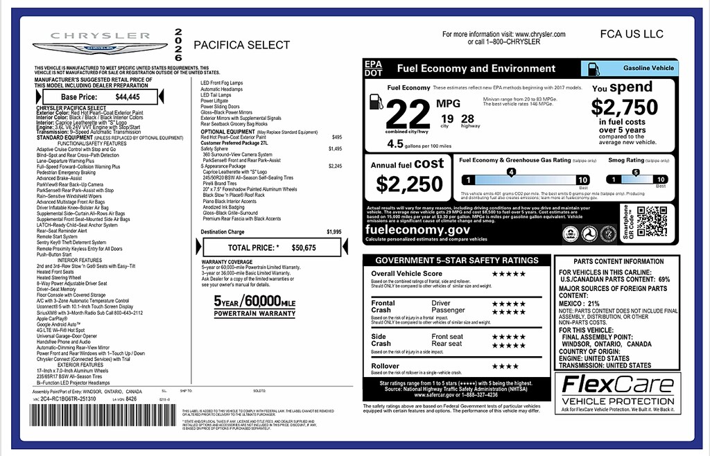 New 2026 Chrysler Pacifica Select Passenger Van