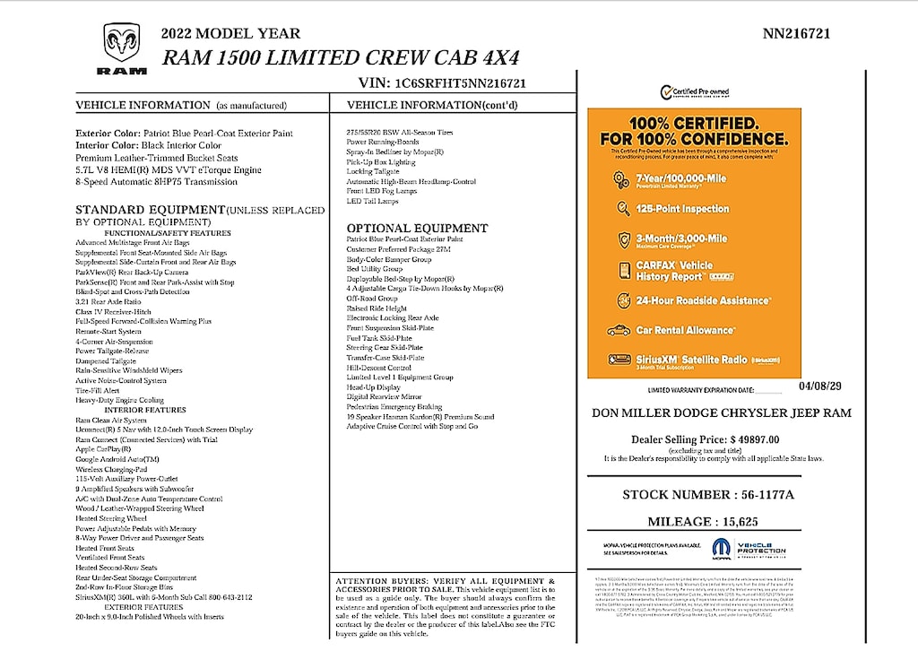 Certified 2022 Ram 1500 Limited Crew Cab 4x4 57 Box