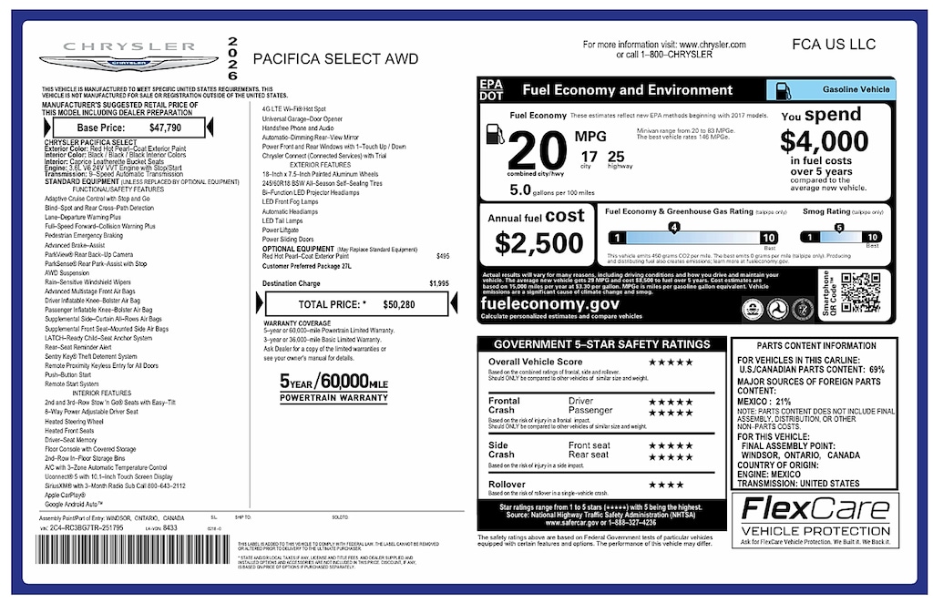 New 2026 Chrysler Pacifica Select AWD Passenger Van