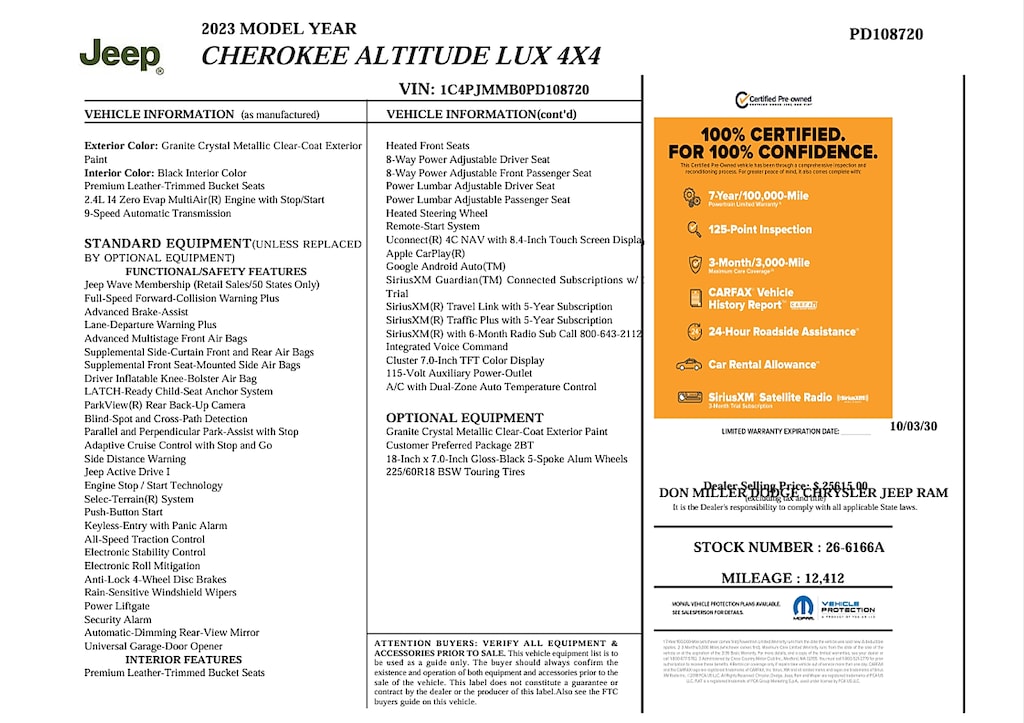 Certified 2023 Jeep Cherokee Altitude Lux 4x4