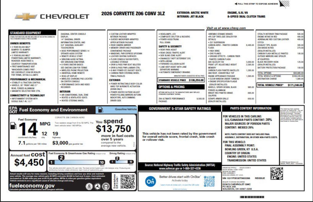 New 2026 Chevrolet Corvette Z06 3LZ Convertible