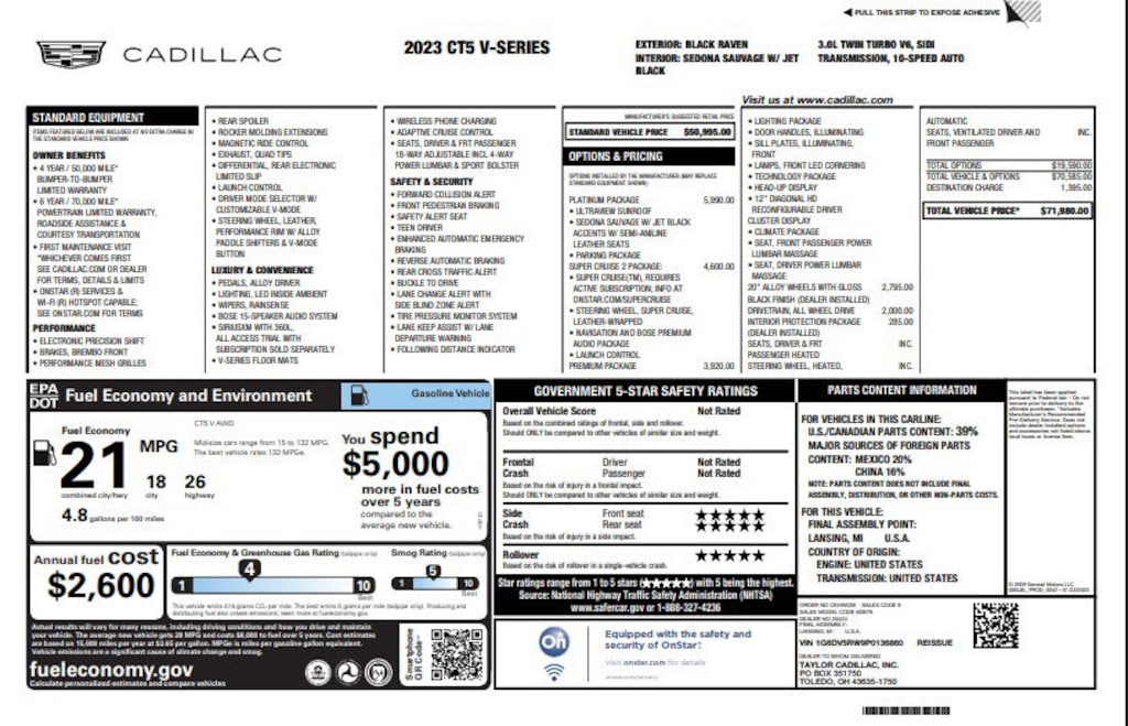 Used 2023 CADILLAC CT5-V V-Series Sedan