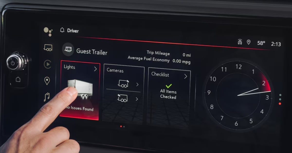 A 2026 GMC Sierra 1500 infotainment system displaying a towing interface. The screen shows 