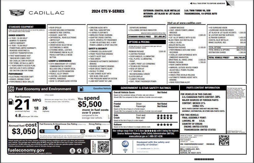 Used 2024 Cadillac CT5 V-Series with VIN 1G6DV5RW5R0104507 for sale in Wauseon, OH