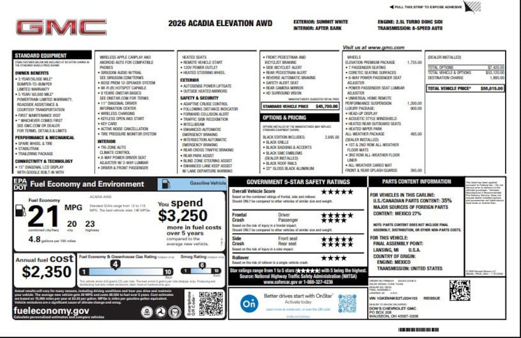 New 2026 GMC Acadia Elevation SUV