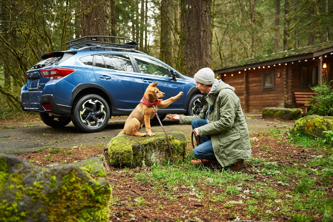 blue Subaru Crosstrek SUV parked in front of a camping cabin