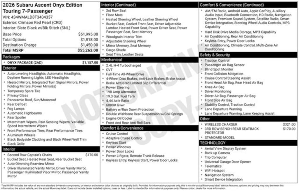 New 2026 Subaru Ascent Onyx Edition Touring SUV