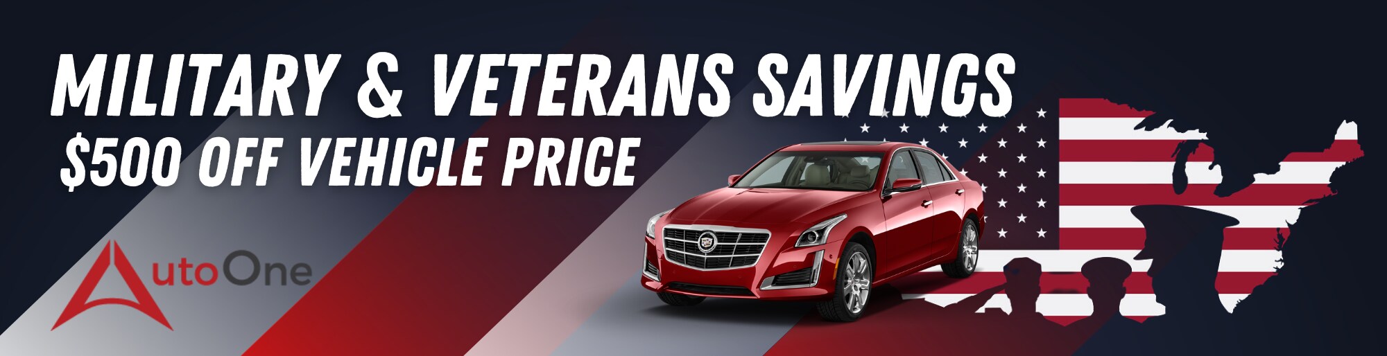 Red car imposed over a picture of America in the US flag colors with veteran silhouettes and text promoting a November sales event for veterans