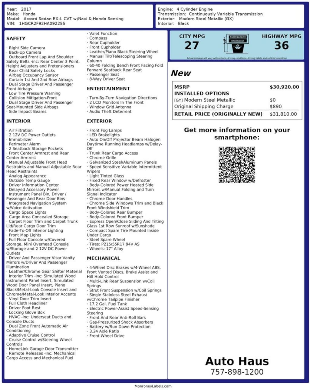 Used 2017 Honda Accord EX-L Sedan