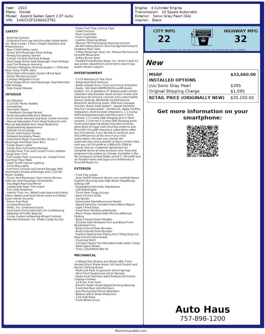 Used 2022 Honda Accord Sport 2.0T Sedan