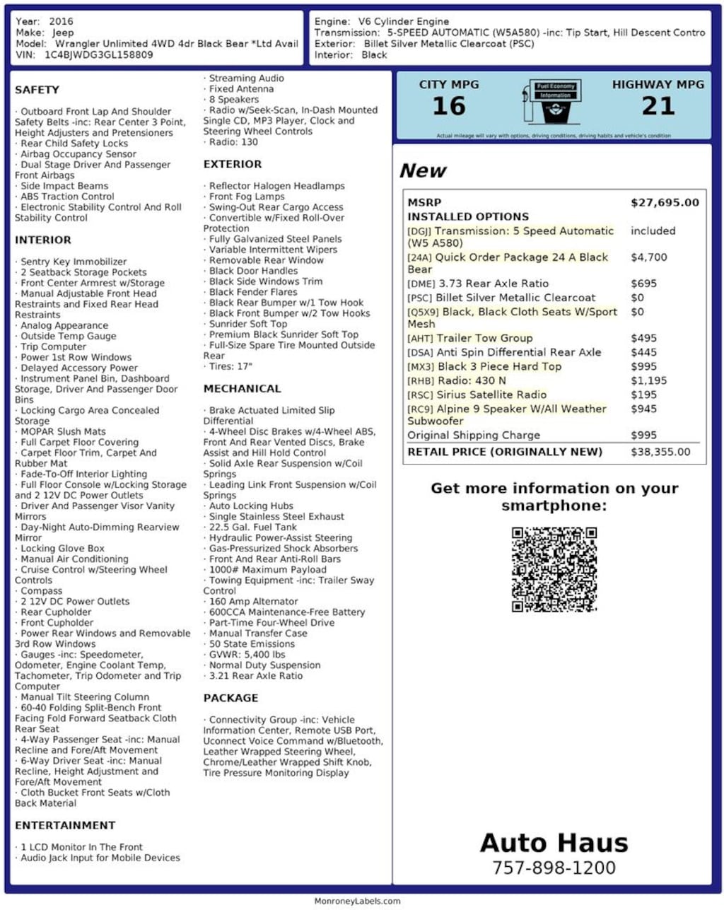 Used 2016 Jeep Wrangler Unlimited Black Bear SUV