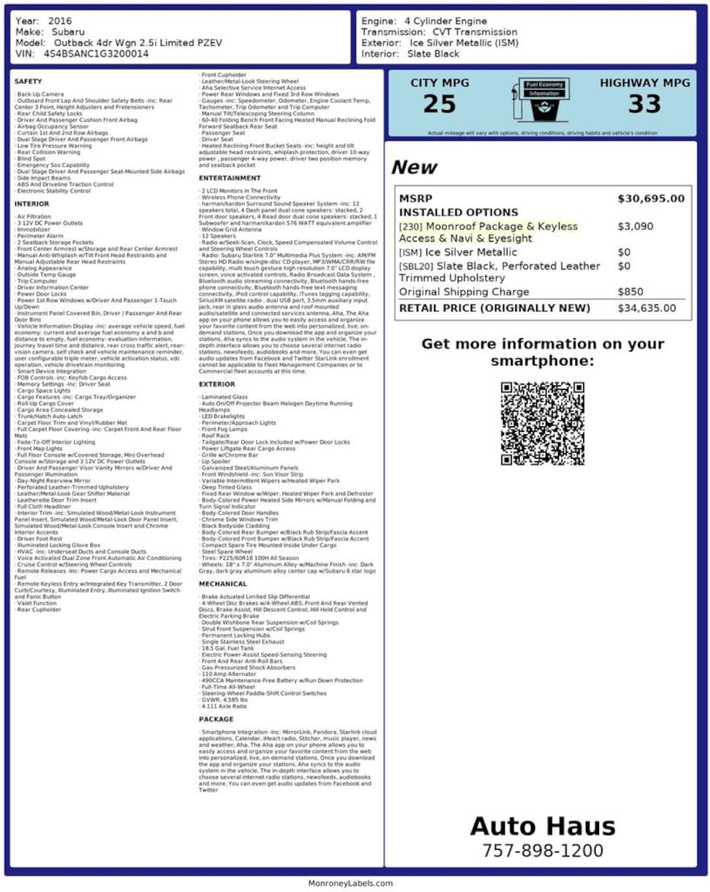 Used 2016 Subaru Outback 2.5i SUV
