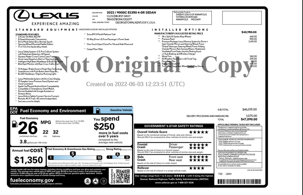 Used 2022 Lexus ES 350 Sedan