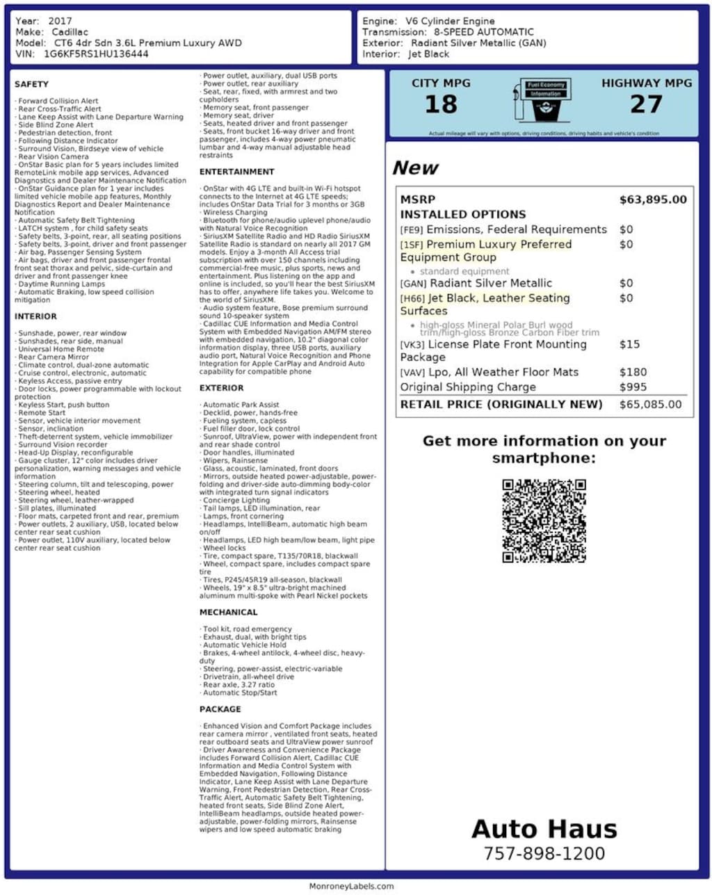 Used 2017 CADILLAC CT6 3.6L Premium Luxury Sedan