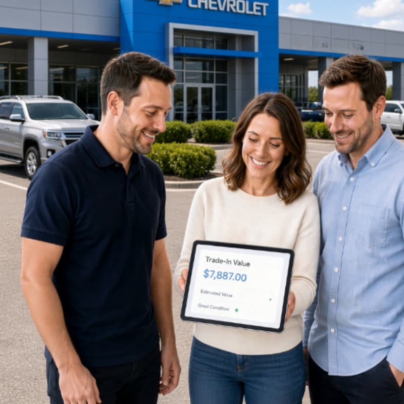 Customers reviewing a trade-in appraisal outside Champion Chevrolet on Hwy 72 in Athens, AL