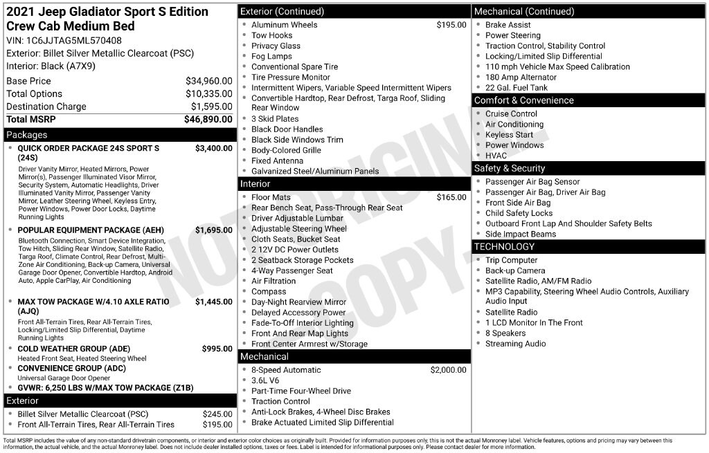 Certified 2021 Jeep Gladiator Sport Truck Crew Cab