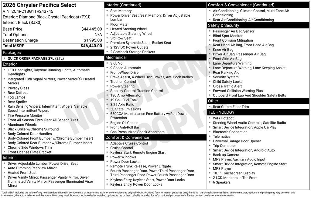 Certified 2026 Chrysler Pacifica Select Van Passenger Van