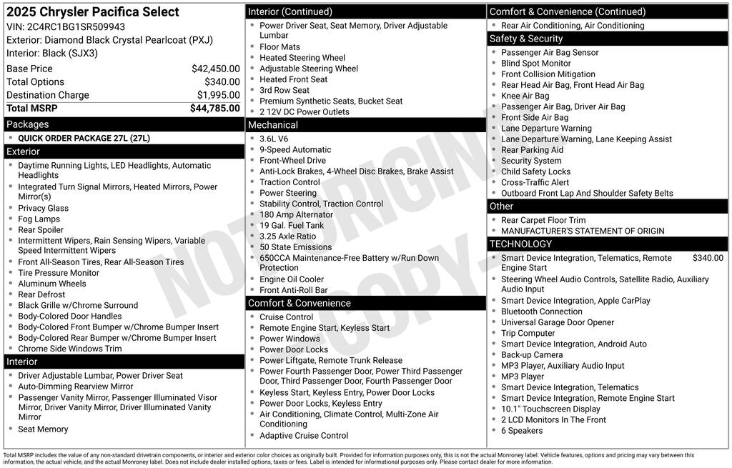 Certified 2025 Chrysler Pacifica Select Van Passenger Van