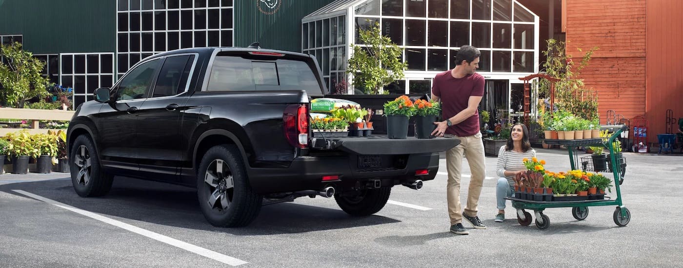 A black 2024 Honda Ridgeline is shown from the rear at an angle while being loaded with gardening supplies.