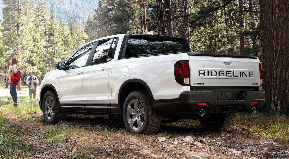 A white 2024 Honda Ridgeline Trailsport is shown from a rear angle parked near a hiking trail.