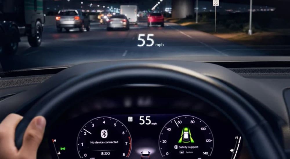 A close up shows the heads up display in a 2023 Honda Pilot.