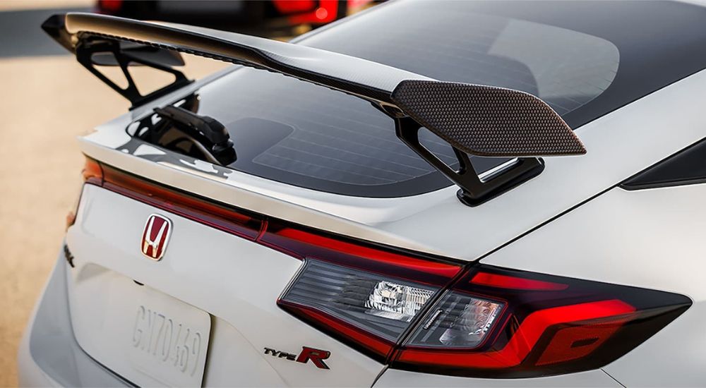 Close-up of the spoiler on a white 2024 Honda Civic Type R, a used Honda Civic for sale near Ruston.