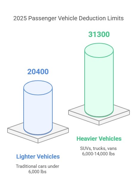 2025 passenger vehicle deduction limits infographic: lighter vs heavier vehicles under Section 179