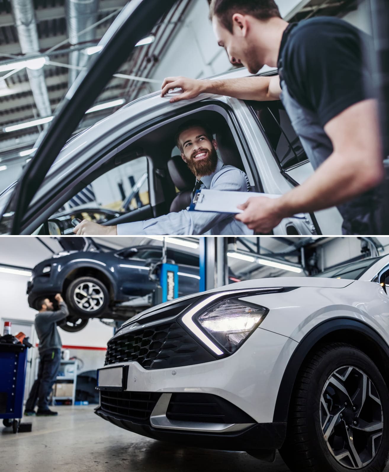 Automotive technician speaking with a driver during a service inspection, followed by vehicles undergoing maintenance inside a service center.