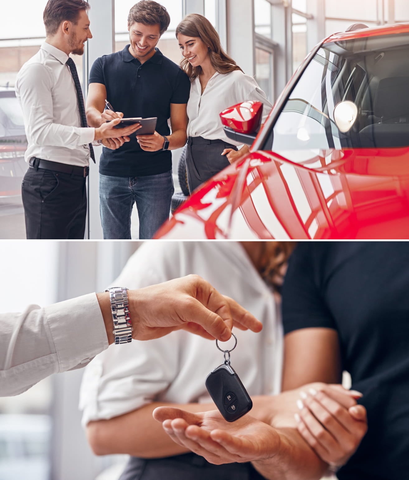 Car salesperson assisting a couple with paperwork beside a red vehicle, followed by a close-up of car keys being handed to the customers.