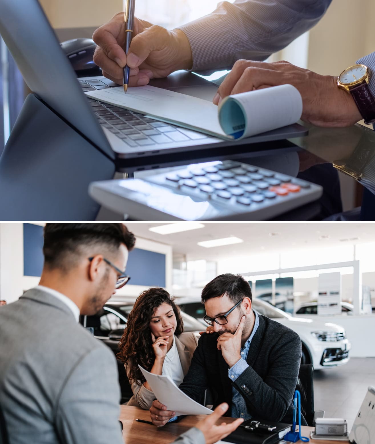 Close-up of financing paperwork being completed with a calculator and laptop, followed by a couple reviewing documents with a dealership representative.