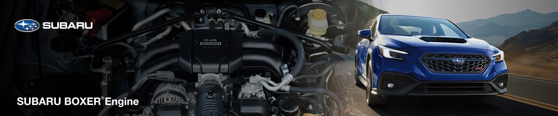 Collage showing a Subaru Boxer engine blended into a low angle action shot of a blue 2026 Subaru WRX speeding down a desert road.