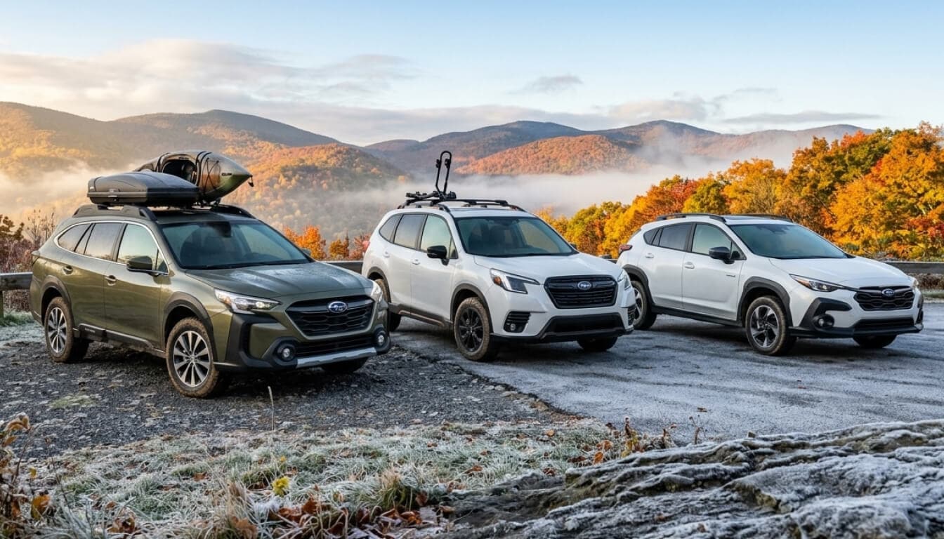 Three Subaru wagons and SUVs parked at a remote offroad campsite with a scenic foggy forest backdrop.