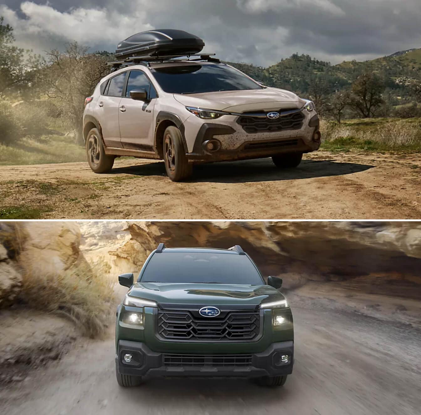 Exterior action shots of a light tan 2026 Subaru Crosstrek and a green 2026 Subaru Forester offroading.