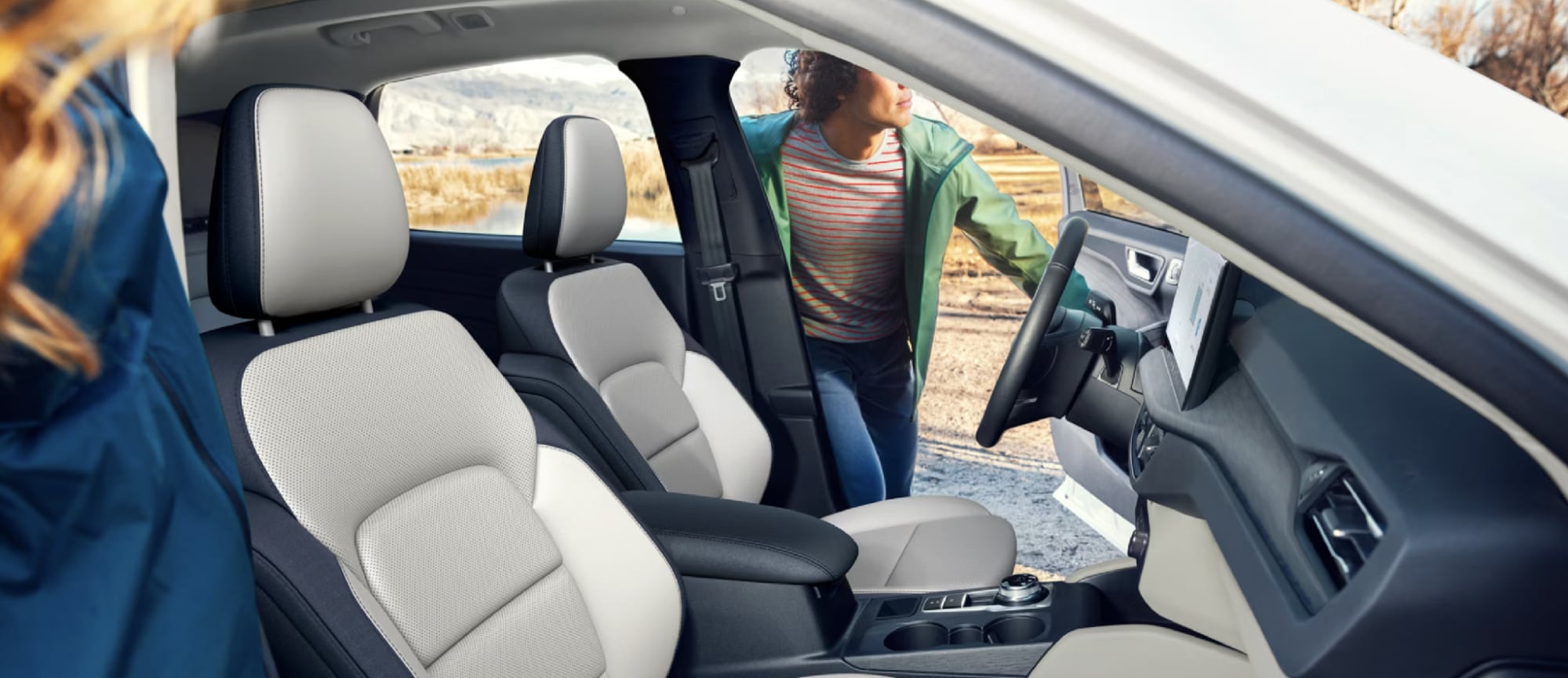 Interior view of a Ford Escape with two-tone front seats