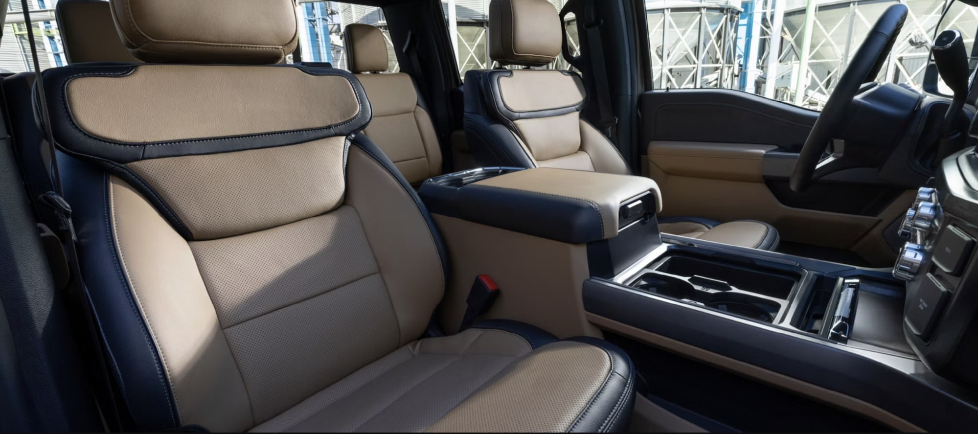 Interior view of a 2026 Ford Super Duty featuring two-tone leather seats