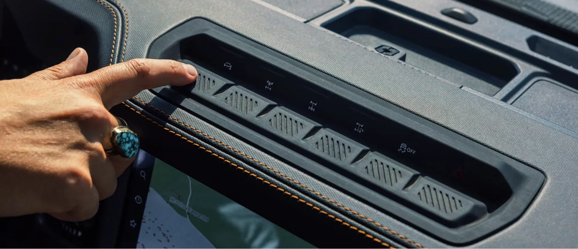 Interior view of a Ford Bronco showing the 4WD mode selector controls