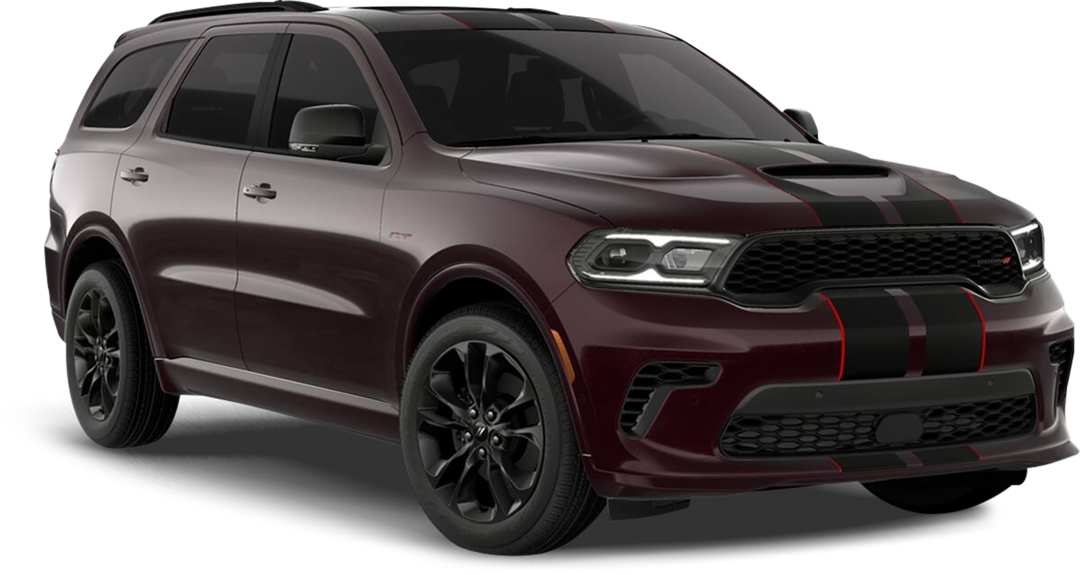 Dark red Dodge Durango with stripes, front three-quarter view