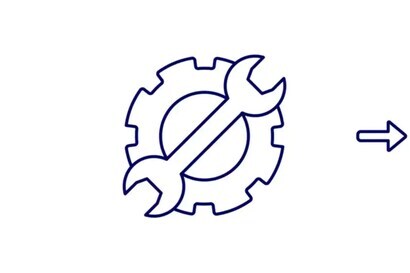 Icon drawing of a wrench over a gear with arrow pointing away