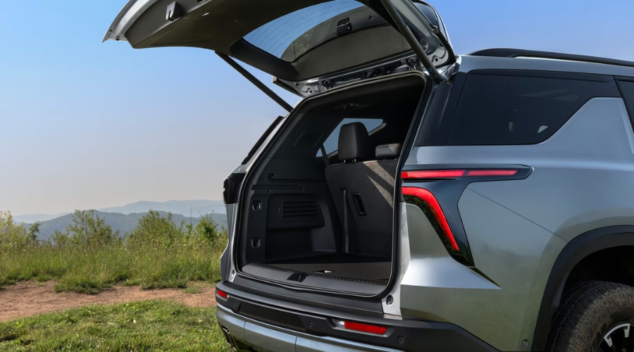 Rear view of a 2026 Chevy Traverse in Marlton showing wide cargo opening and flat floor area at Elkins Chevrolet