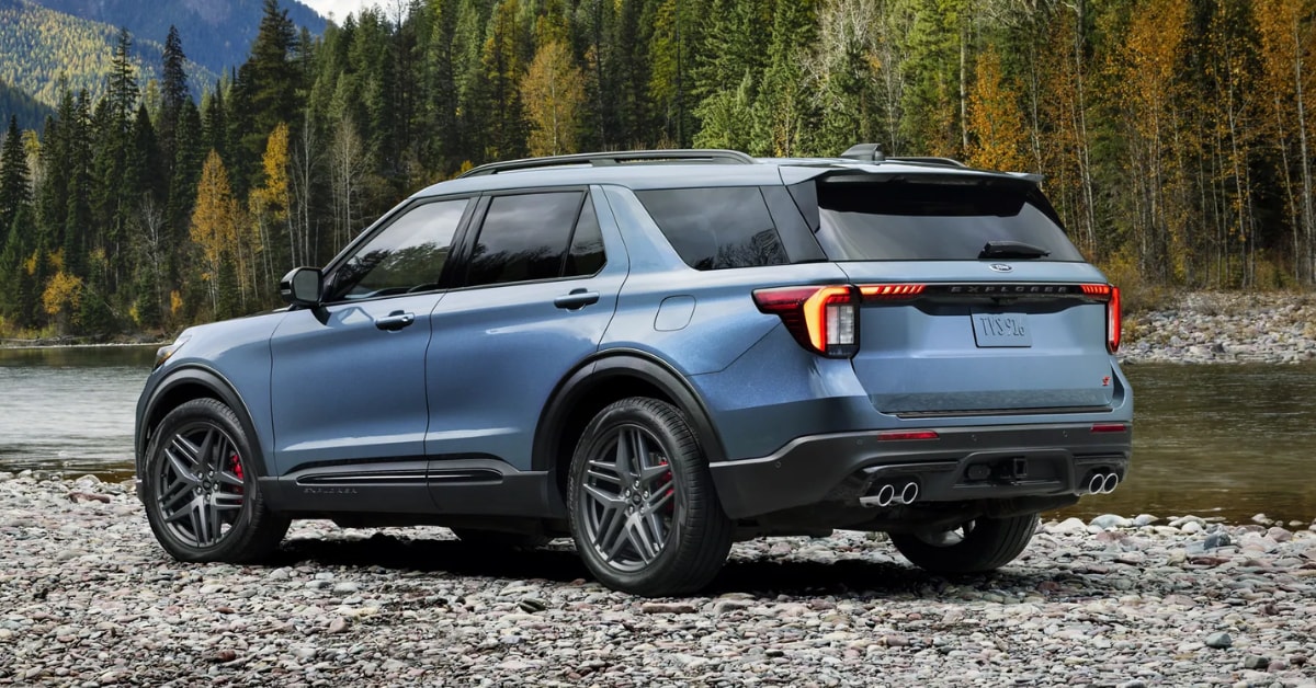 2025 Ford explorer st eparked on a riverbed in a forest