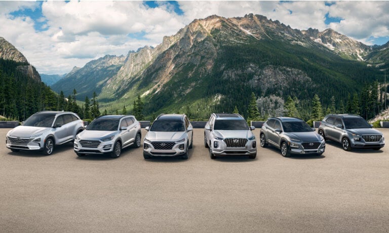 2021 Hyunda model lineup in front of mountains