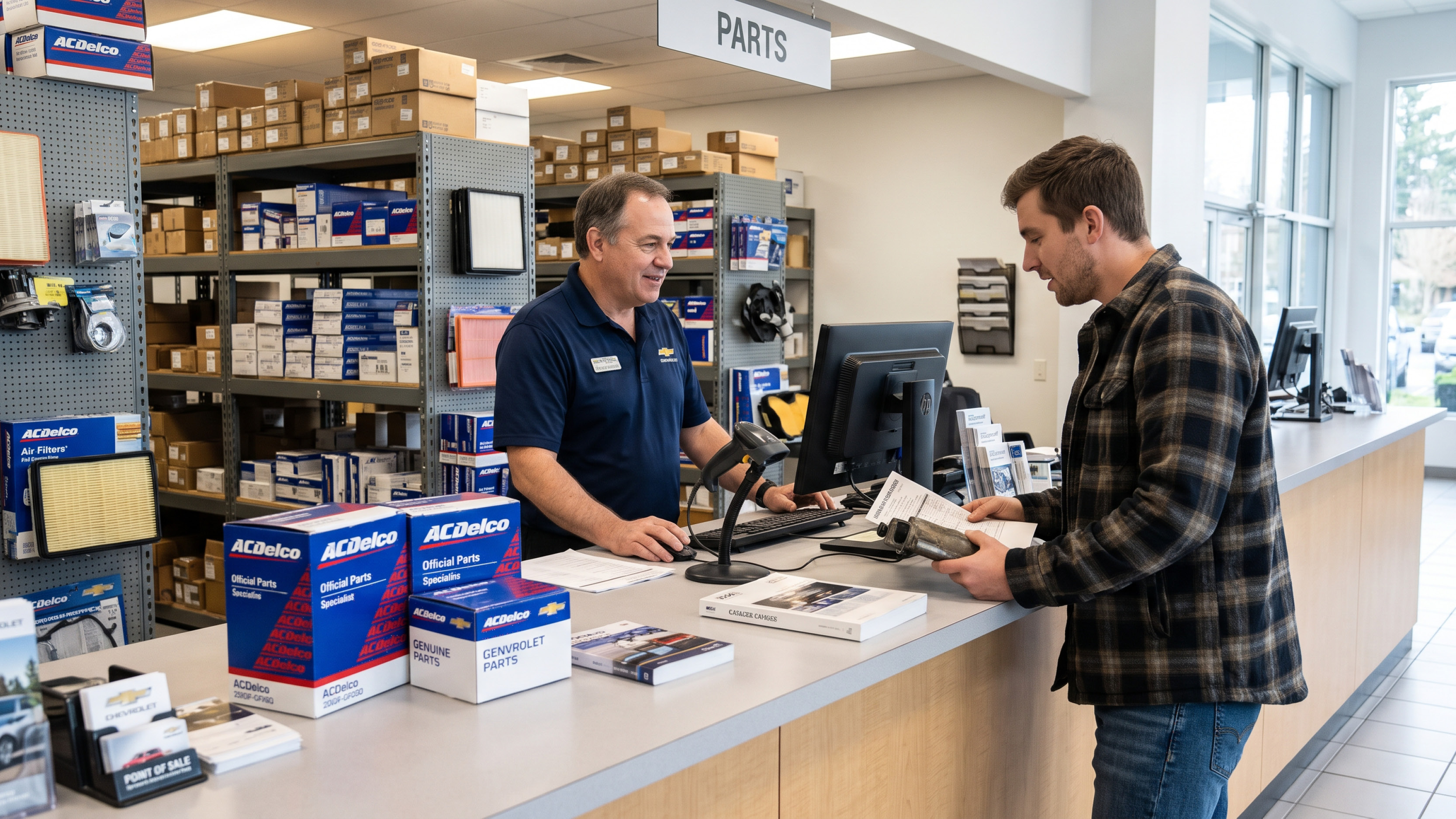 Evergreen Chevrolet parts specialist helping a customer find genuine GM parts at the parts counter in Issaquah, WA