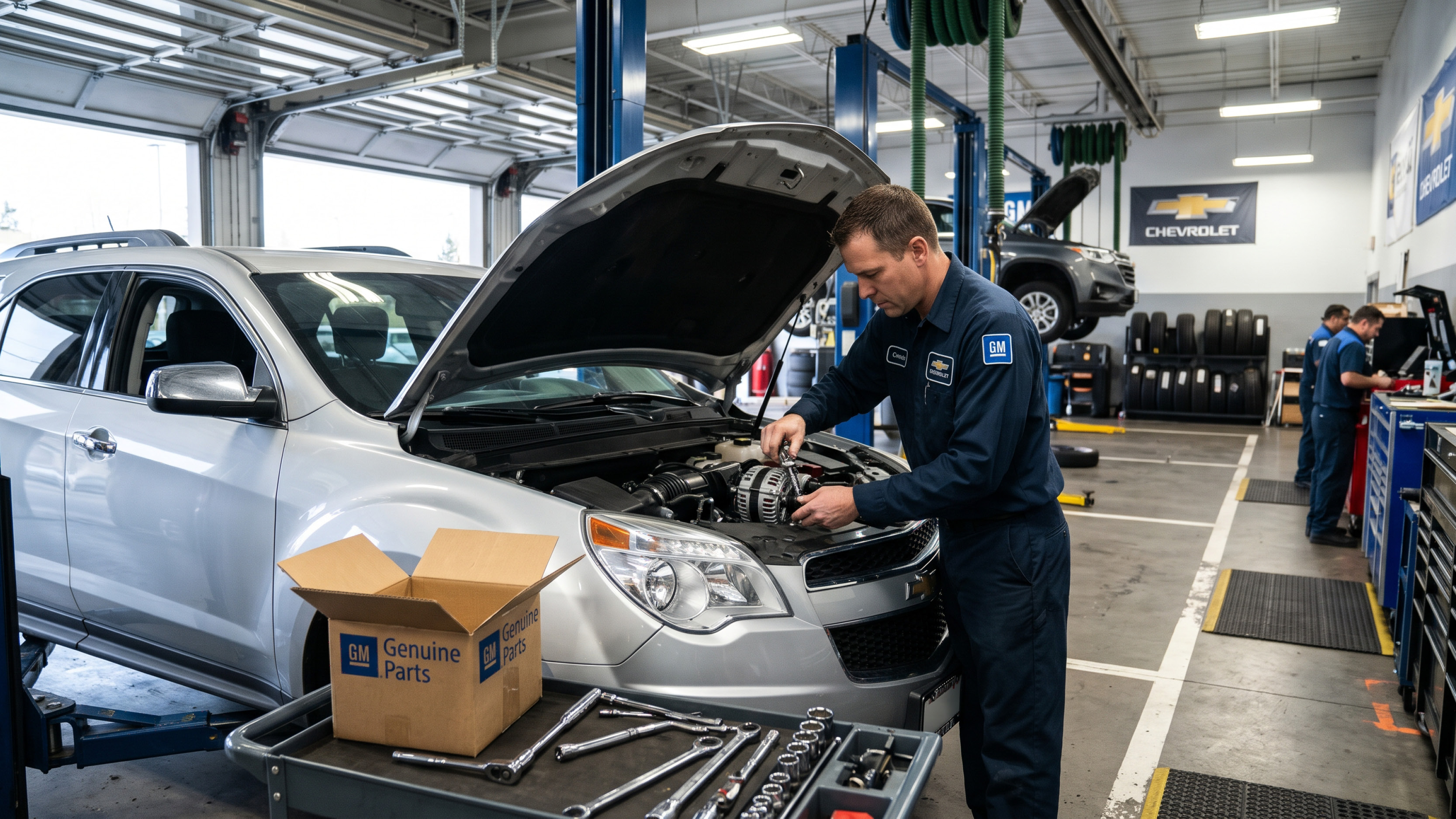 Certified technician installing genuine GM parts on a Chevrolet in the Evergreen Chevrolet service bay in Issaquah, WA