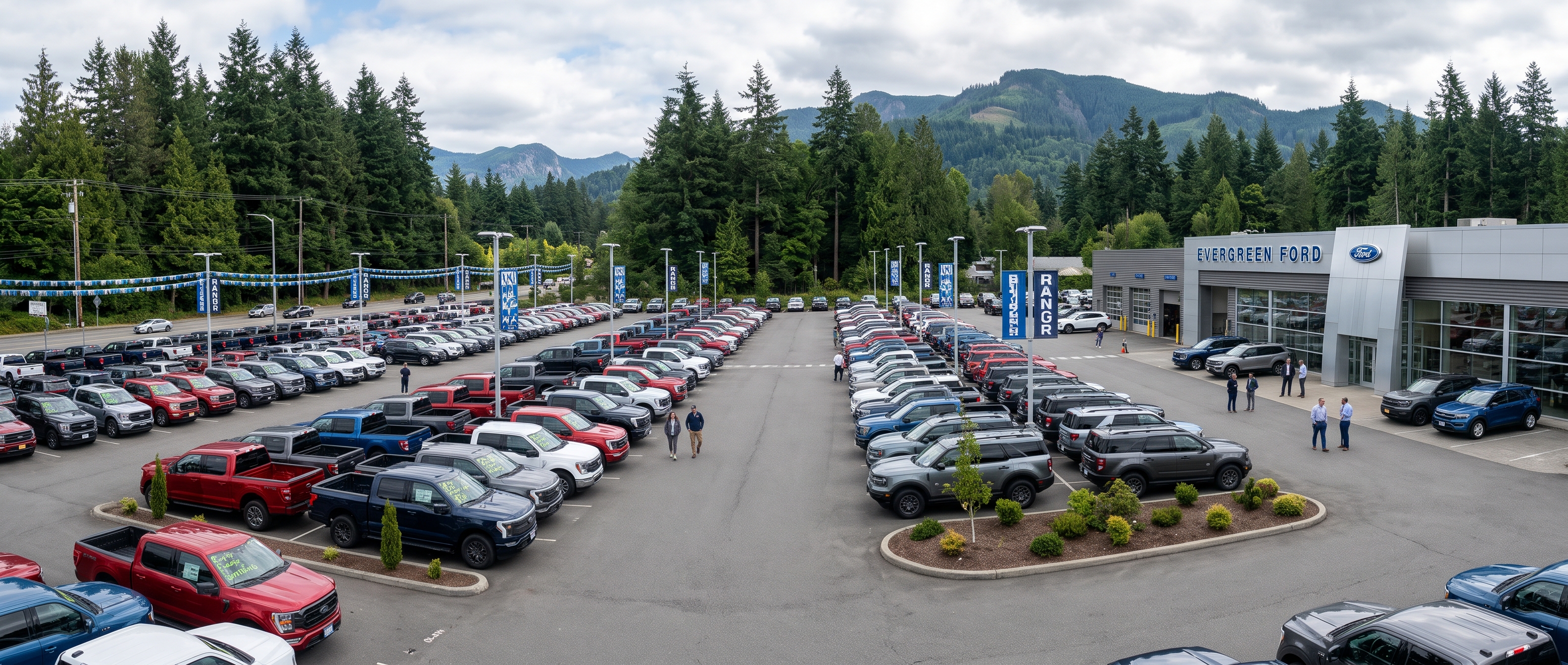 New Ford trucks and SUVs on the lot at Evergreen Ford in Issaquah, near Maple Valley, WA