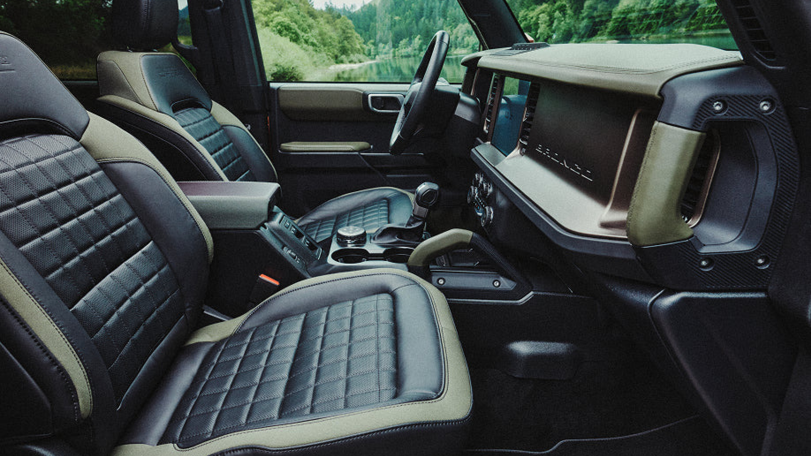 2027 Ford Bronco Filson interior with perforated quilted leather seats, Rugged Twill-inspired trim and brass accents